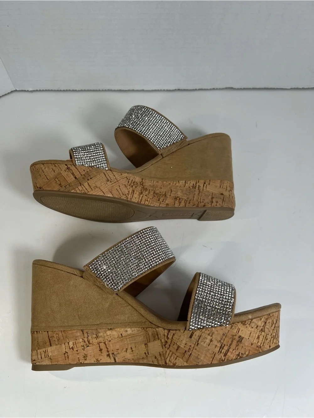 Steve Madden Sandro Rhinestone Cork Wedge Slide Sandals Beige 8.5M